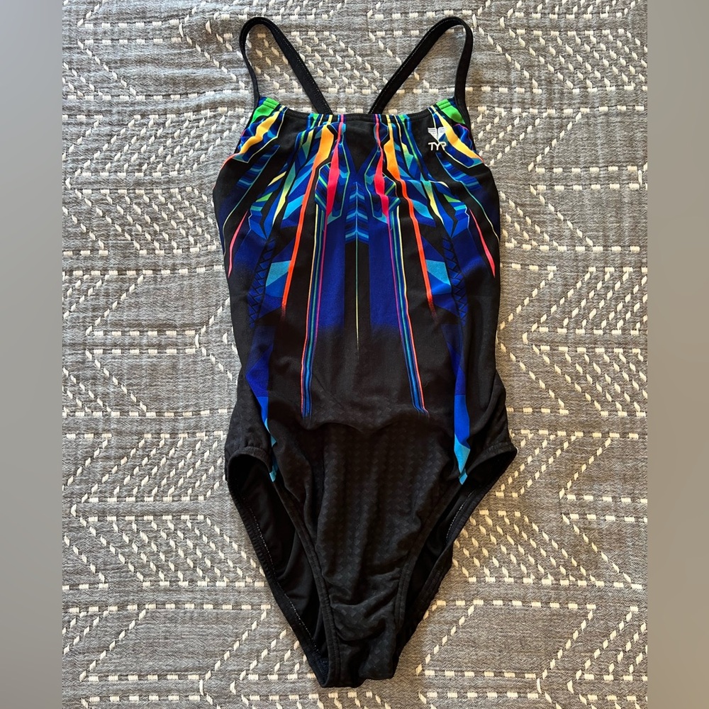 TYR Black One-Piece Swimsuit with Multicolor Stripe Accents